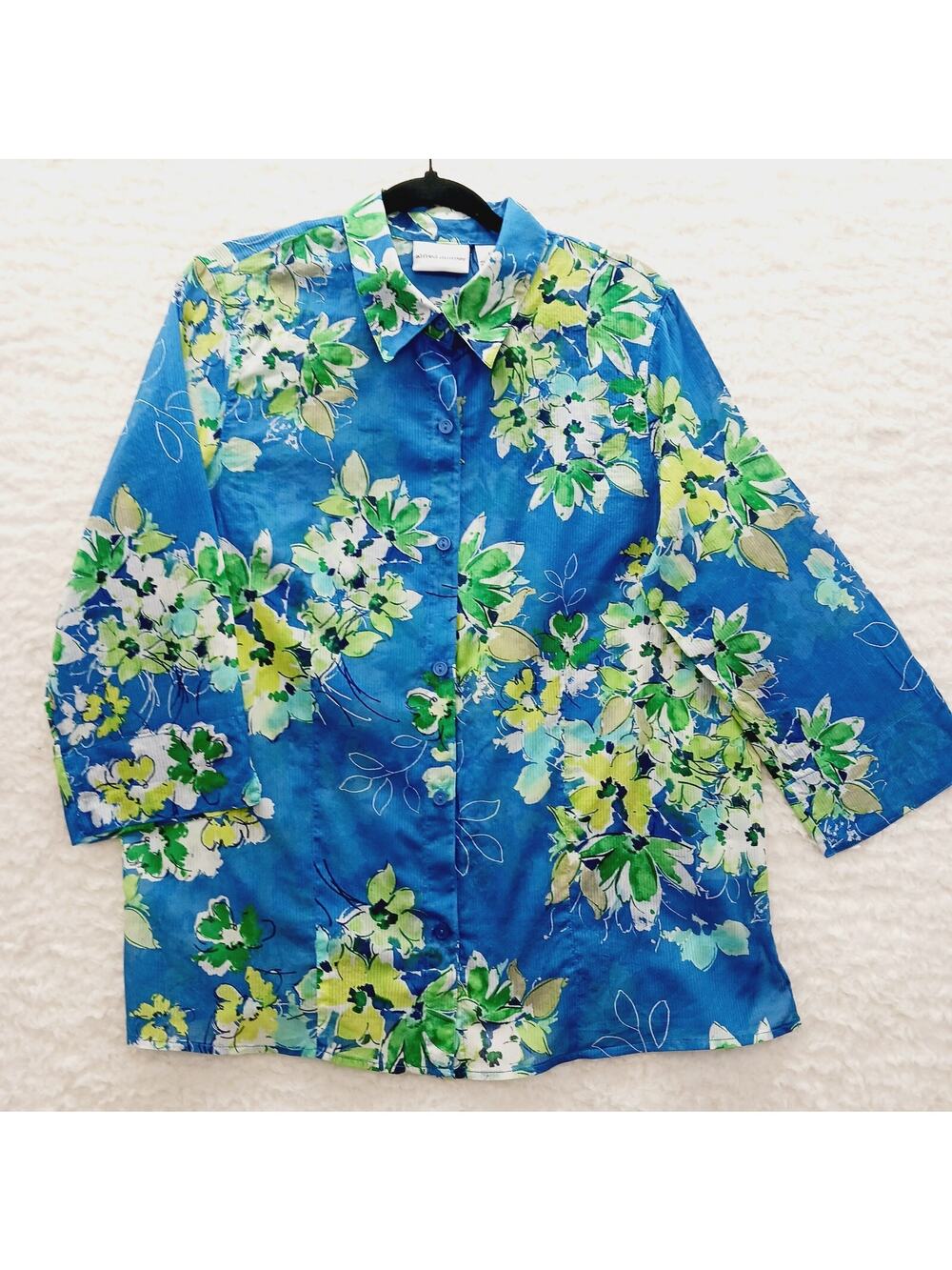 Blouse Button Up Floral Tropical Blue Green Resort Cruise Boho Summer Core Sz 14